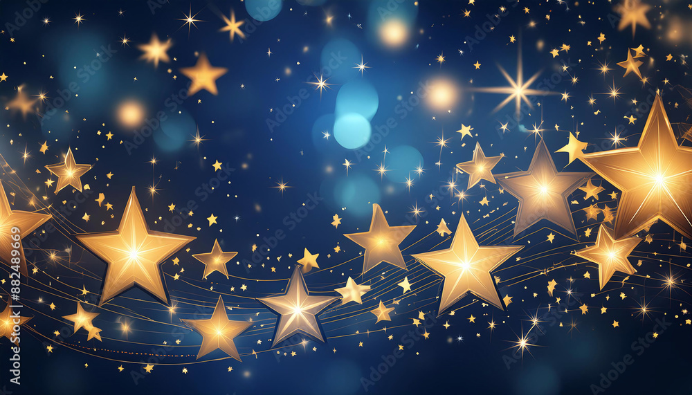 Poster golden stars dangle on strings against a dark blue background, creating a festive atmosphere