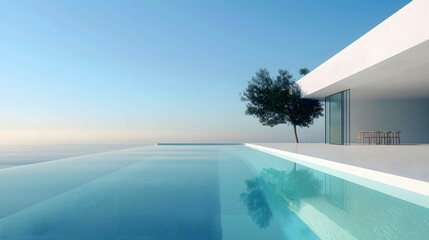 Fototapeta premium Modern minimalist sustainable house with a clear blue pool with sleek white walls, and a serene sky backdrop. 