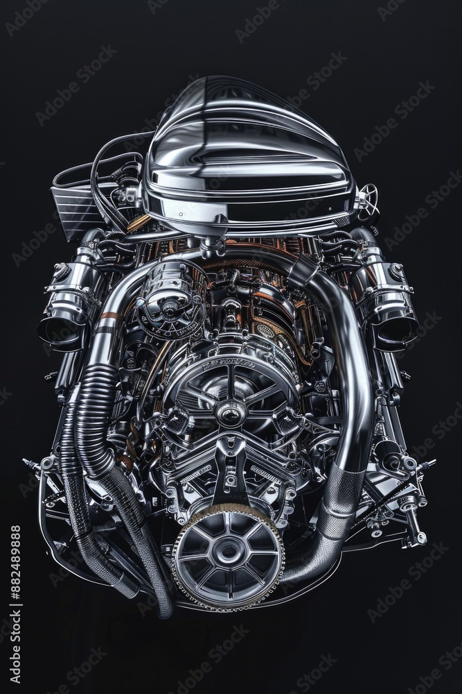 Poster close-up view of a motorcycle engine on a black background, suitable for use in automotive or indust