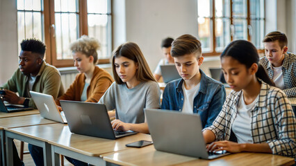 Group of multiethnic high school students using computers in classroom.