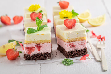 Sweet and tasty strawberry sponge cake as summer dessert.