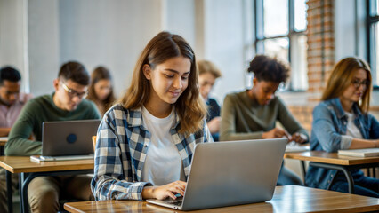 Young woman working on laptop at the table with other students in the background