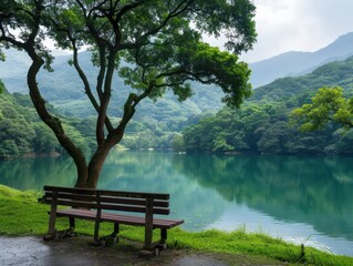 Fototapeta premium Tranquil Relaxation by the Picturesque Lake Find Serenity and Peace at This Beautiful Lakeside Spot, Perfect for a Relaxing Getaway or Weekend Escape