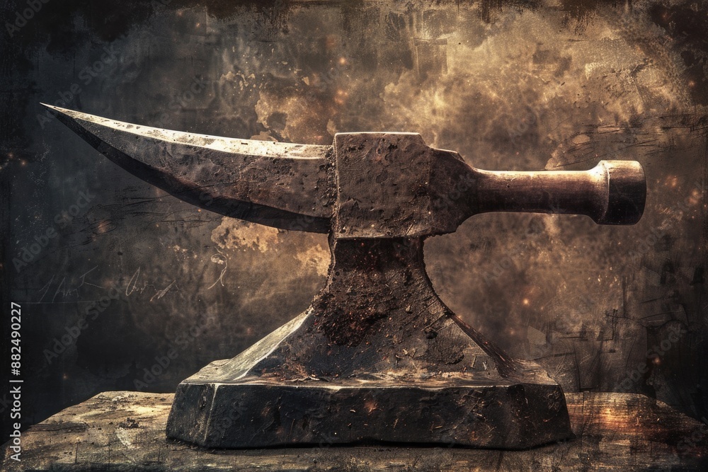 Poster a worn-out hammer with a rusty handle placed on a wooden board, possibly used for diy or repair proj