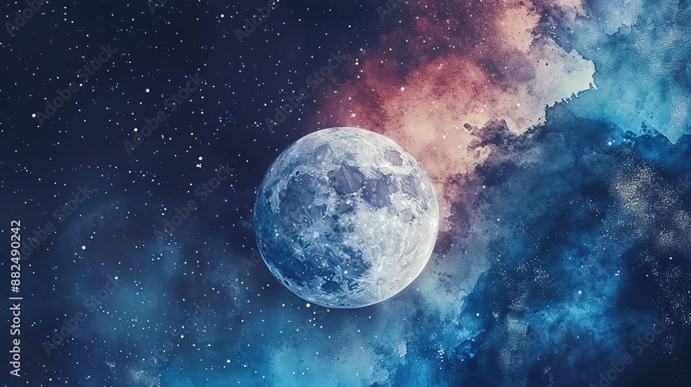 Sticker extremely detailed watercolor moon, starry sky background, fantasy colors