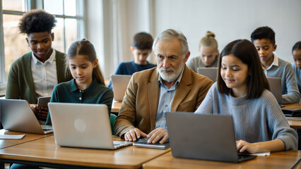 Group of diverse students using laptop computer together in classroom. Multiethnic group of students studying together. Education and technology concept