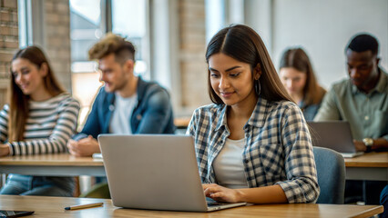 Young woman working on laptop in classroom. Group of people in the background.