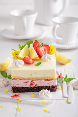 Delicious and creamy strawberry sponge cake as summer dessert.
