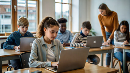 Portrait of schoolgirl sitting at desk and using laptop in classroom