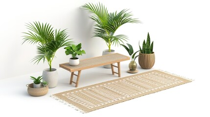 Fototapeta premium Isometric 3D Render of Tropical Entryway with Rattan Bench, Tropical Foliage, and Woven Rug on Isolated White Background