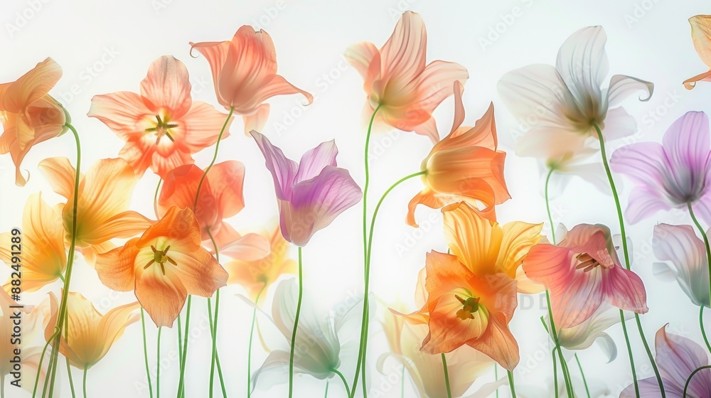 Poster a group of vibrant flowers sitting on a plain white surface, ideal for use in designs or as a backgr