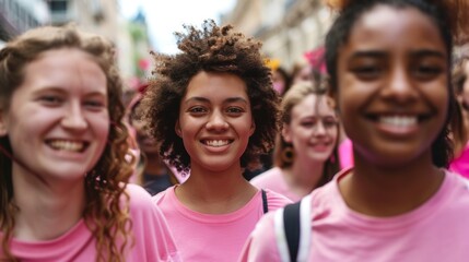 Fototapeta premium beautiful woman smiling in pink shirt in a group of women at a world breast cancer day march