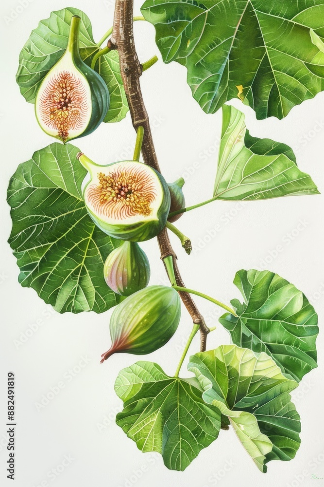 Poster a still life image of figs growing on a tree branch surrounded by leaves