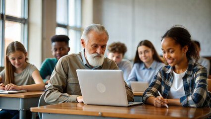 Fototapeta premium education, technology and people concept - group of smiling students with laptop computer in classroom