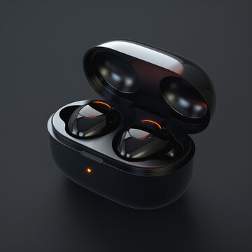 Sleek black wireless earbuds in a stylish charging case on a dark background.

