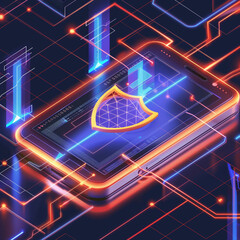 Futuristic Cyber Security Concept with Neon Lights on Digital Device
