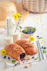 Sweet and delicious blueberry yeast cake served with milk.