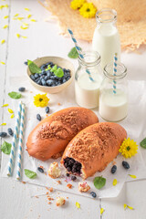 Sweet and delicious blueberry yeast cake with glaze and crumble.