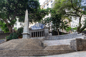 Largo da Mem&oacute;ria e o Obelisco do Piques - S&Atilde;O PAULO, SP, BRAZIL - MARCH 17, 2024: Largo da Mem&oacute;ria with its famous Obelisco dos Piques monument and historical tiles.
