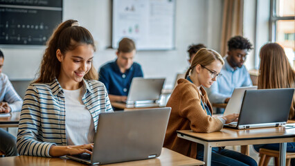 Multiethnic group of students sitting in classroom and working on laptop