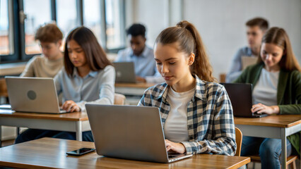education, high school, technology and people concept - group of smiling students with laptop computers in classroom