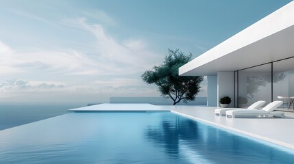 Fototapeta premium Modern minimalist sustainable house with a clear blue pool with sleek white walls, and a serene sky backdrop. 