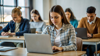 Young female student working on laptop computer while sitting at table in classroom