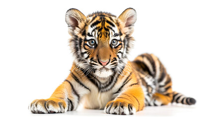 Adorable and Curious Baby Tiger Cub Sitting Calmly Against a Clean White Background Showcasing Its Striped Fur Whiskers and Captivating Eyes