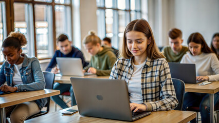 Fototapeta premium education, high school, technology and people concept - group of smiling students with laptop computers in classroom