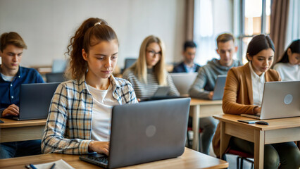 Obraz premium Group of students using laptop in classroom. Selective focus on girl