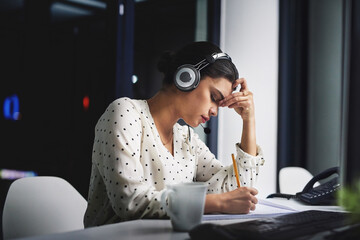 Call center, headache and woman working for night e learning, teaching or online education support with target fail. Virtual tutor writing test notes with stress, pain or burnout for course deadline