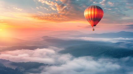Obraz premium Hot Air Balloon Soaring Over Misty Mountains at Sunrise