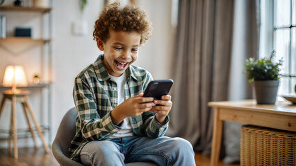 Cheerful little boy using smartphone while sitting in armchair at home