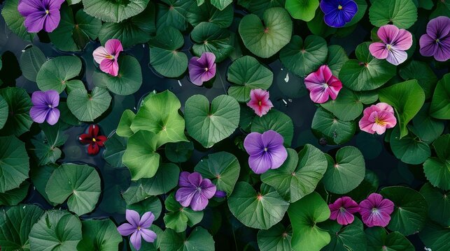 Blooming Tigirdia, Tropaeolum Majus, Viola Tricolor, and Vinca Difformis from Above