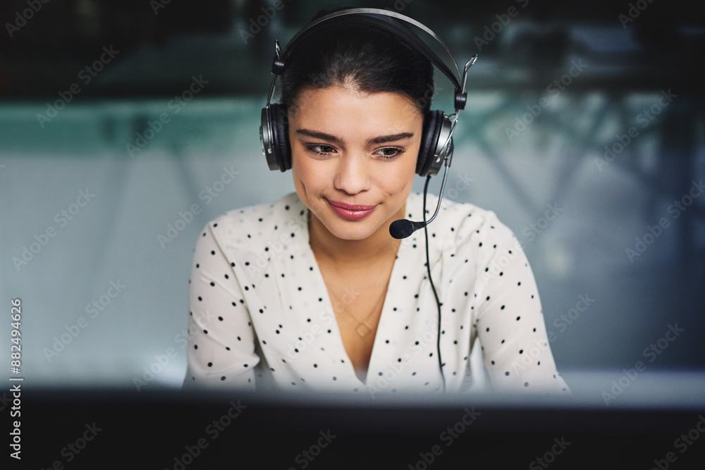 Poster woman, advisor and call center on computer for e learning communication, teaching and website platfo