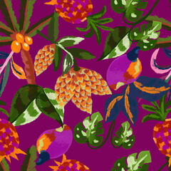 Estampa sem emendas, com florais exóticos em estilo tropical brasileiro. Plantas, flores, folhas, fundo claro e fundo lílas. 