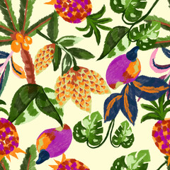 Estampa sem emendas, com florais exóticos em estilo tropical brasileiro. Plantas, flores, folhas, fundo claro e fundo lílas. 
