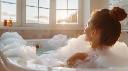 A woman relaxing in a bubble bath. - Powered by Adobe