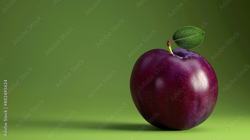 Poster A single, ripe plum with a green leaf sits on a green background.