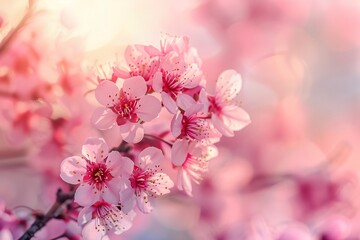 Fototapeta premium Pink cherry blossoms in full bloom against a soft-focused background, capturing the essence of springtime
