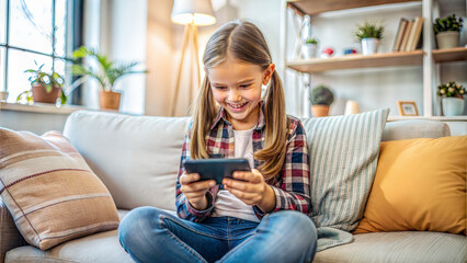 Obraz premium Cute little girl playing video games on smartphone while sitting on sofa at home
