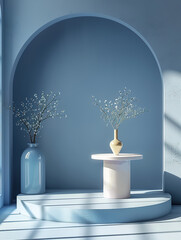 round podium made of neon plastic. scene for photoshop. high contrast. neon glare. super close shot. White background, generative ai