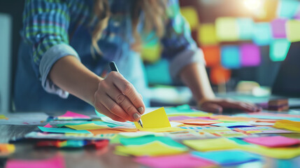 Obraz premium A business brainstorm meeting is in progress with a lively presentation in a creative agency. The concept of innovation, teamwork, and generating new ideas to drive business success. Generative AI.