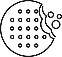 Line art icon of a round cookie with a bite taken out of it and crumbs falling