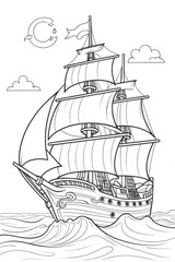 Fototapeta premium Ship coloring page in water, black and white