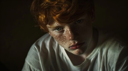 Obraz premium Portrait of a red-haired freckled boy in a white t-shirt against a textured dark background. Soft lighting accentuates his features, capturing an introspective expression.