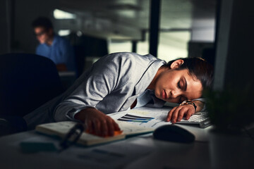 Woman, sleeping and dark or office for business, statistical analyst and resting in night workplace. Tired, exhausted and overtime for compliance or audit preparation, professional and eyes closed