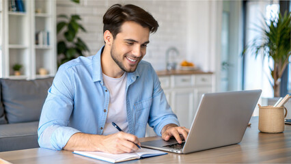 Fototapeta premium Cheerful young man working on laptop at home, writing notes in notebook