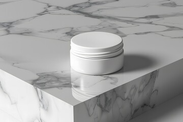 Minimalist white cosmetic cream jar elegantly presented on a luxurious marble surface, perfect for showcasing beauty product packaging mockups