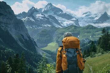 A lone woman views the scenic winter mountain landscape with snow-covered peaks, alpine trees, and clouds filling the sky